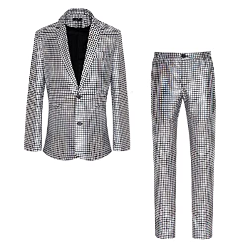 Herren Metall Pailletten Glitzer Anzug Set Disco Anzug Oberteil und Hose, Z2706silvery, 3XL Herren Metall Pailletten Glitzer Anzug Set Disco Anzug Oberteil und Hose, Z2706silvery, 3XL von XIOLKI