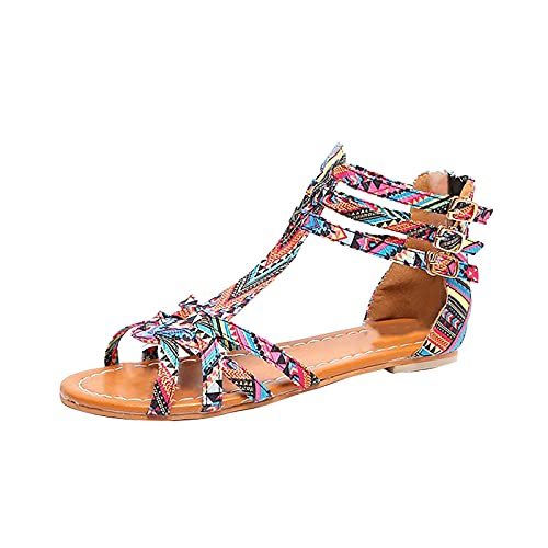 Damen Sandalen Flach Hausschuhe Sandaletten Elegant Sommer Mit Absatz Flipflopsandalen Slippers Römersandalen Frauen Schuhe Vintage BequemSommer Ethnische Stil Flache Weibliche Bunte Schnalle Römer von XIOerziwo