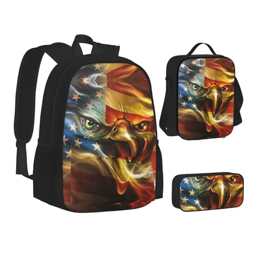 XIPEGKLD American Pride Eagle USA Flagge Druck Schultasche + Federmäppchen + Lunchtasche Kombination geeignet für Männer und Frauen, Schwarz , Einheitsgröße von XIPEGKLD