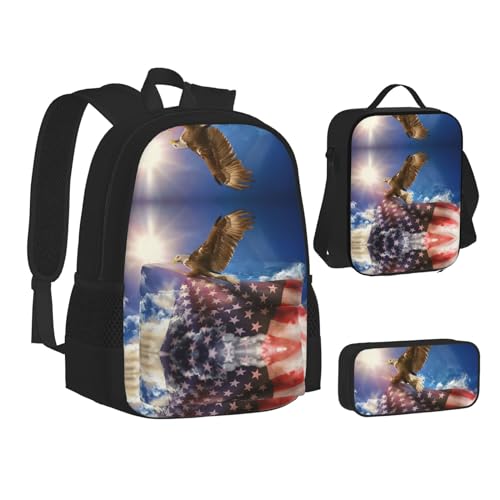 XIPEGKLD Amerikanische USA-Flagge Adler Kunstdruck Schultasche + Federmäppchen + Lunchtasche Kombination geeignet für Männer und Frauen, Schwarz , Einheitsgröße von XIPEGKLD