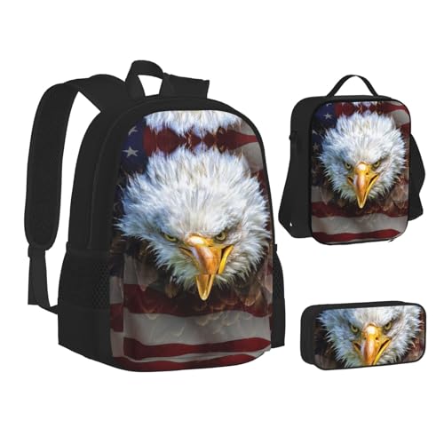 XIPEGKLD Amerikanische USA-Flagge mit einem wütenden nordamerikanischen Weißkopfseeadler-Druck, Schultasche + Federmäppchen + Lunchtaschenkombination, geeignet für Männer und Frauen von XIPEGKLD