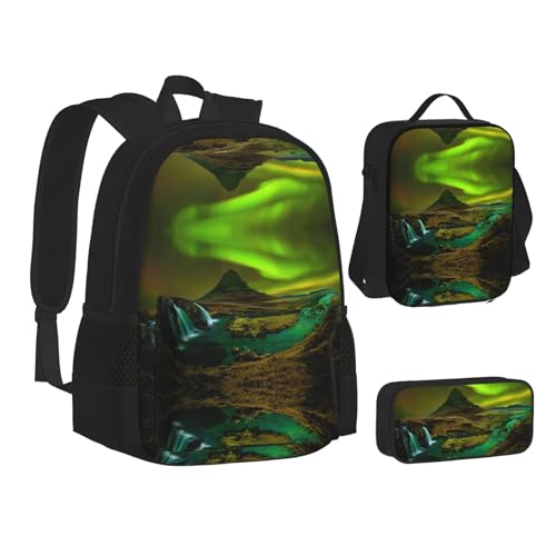 XIPEGKLD Aurora Painting Print Schulranzen + Federmäppchen + Lunchtasche Kombination geeignet für Männer und Frauen, Schwarz , Einheitsgröße von XIPEGKLD