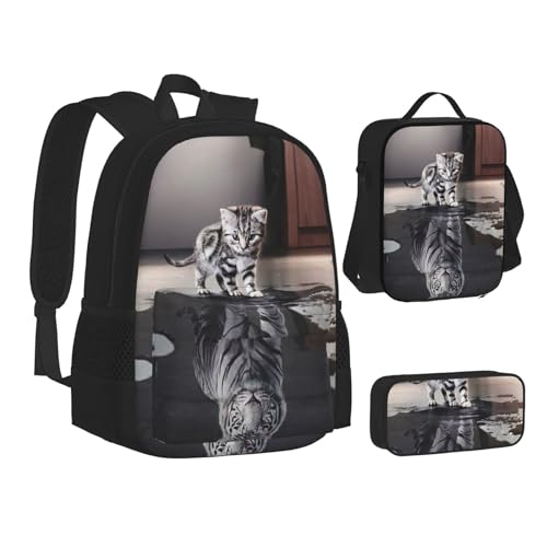 XIPEGKLD Cat Pictures Big Tiger Print Schultasche + Federmäppchen + Lunchtasche Kombination geeignet für Männer und Frauen, Schwarz , Einheitsgröße von XIPEGKLD