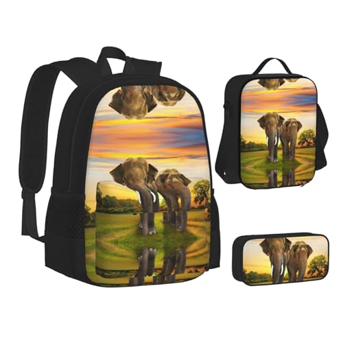 XIPEGKLD Elefant Walking Print Schultasche + Federmäppchen + Lunchtasche Kombination geeignet für Männer und Frauen, Schwarz , Einheitsgröße von XIPEGKLD