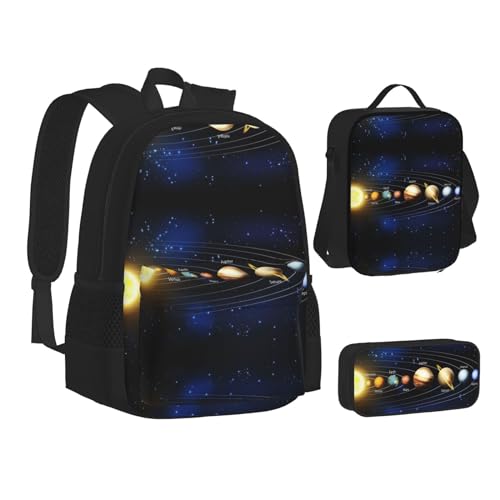 XIPEGKLD Exploring The Solar System Schulranzen + Federmäppchen + Lunchtasche Kombination, geeignet für Männer und Frauen, Schwarz , Einheitsgröße von XIPEGKLD