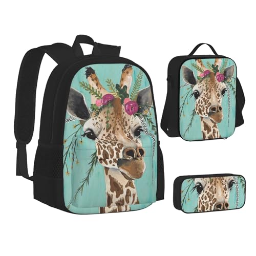 XIPEGKLD Giraffe mit Blumendruck Schulranzen + Federmäppchen + Lunchtasche Kombination für Männer und Frauen, Schwarz , Einheitsgröße von XIPEGKLD