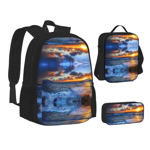 XIPEGKLD Hübsche Hintergründe Natur Sonnenuntergang Druck Schultasche + Federmäppchen + Lunchtasche Kombination geeignet für Männer und Frauen, Schwarz , Einheitsgröße von XIPEGKLD