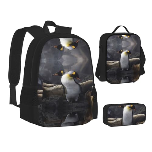 XIPEGKLD Lustiger Pinguin-Druck Schulranzen + Federmäppchen + Lunchtasche Kombination geeignet für Männer und Frauen, Schwarz , Einheitsgröße von XIPEGKLD