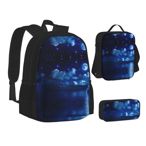 XIPEGKLD Moonlit Night Print Schultasche + Federmäppchen + Lunchtasche Kombination geeignet für Männer und Frauen, Schwarz , Einheitsgröße von XIPEGKLD