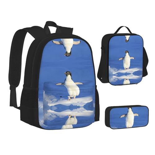 XIPEGKLD Niedlicher Pinguin-Druck Schultasche + Federmäppchen + Lunchtaschenkombination, geeignet für Männer und Frauen, Schwarz , Einheitsgröße von XIPEGKLD