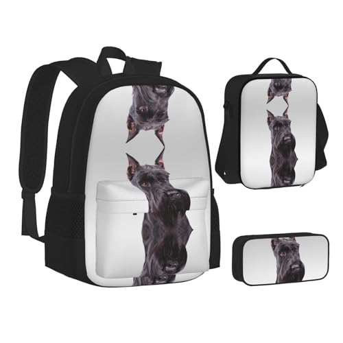 XIPEGKLD Niedlicher Schnauzer Hund Druck Schultasche + Federmäppchen + Lunchtasche Kombination geeignet für Männer und Frauen, Schwarz , Einheitsgröße von XIPEGKLD