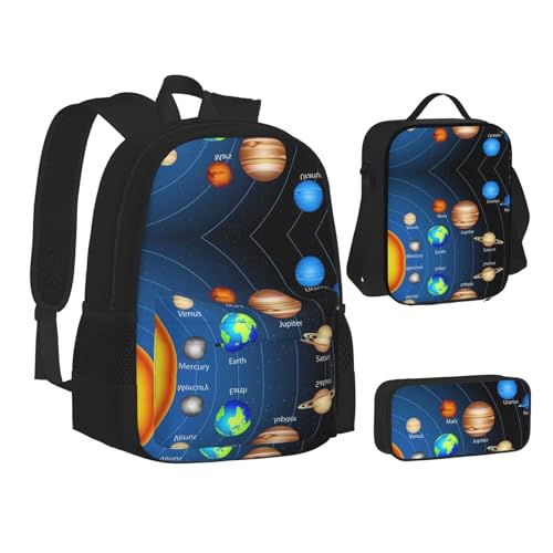 XIPEGKLD Outer Space Sonnensystem Druck Schultasche + Federmäppchen + Lunchtasche Kombination geeignet für Männer und Frauen, Schwarz , Einheitsgröße von XIPEGKLD