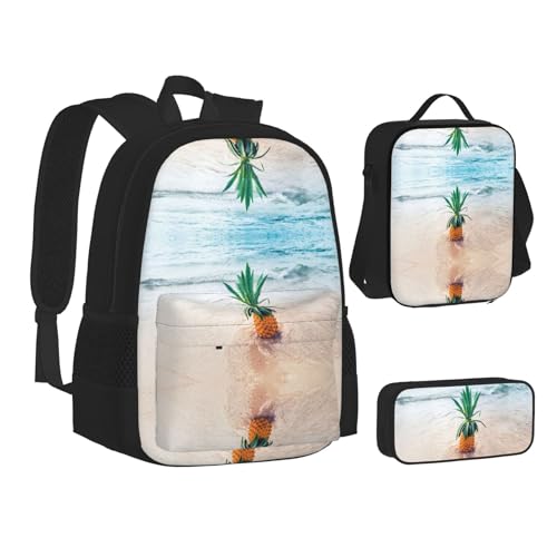 XIPEGKLD Pineapple by The Sea Druck-Schulranzen + Federmäppchen + Lunchtaschenkombination, geeignet für Männer und Frauen, Schwarz , Einheitsgröße von XIPEGKLD