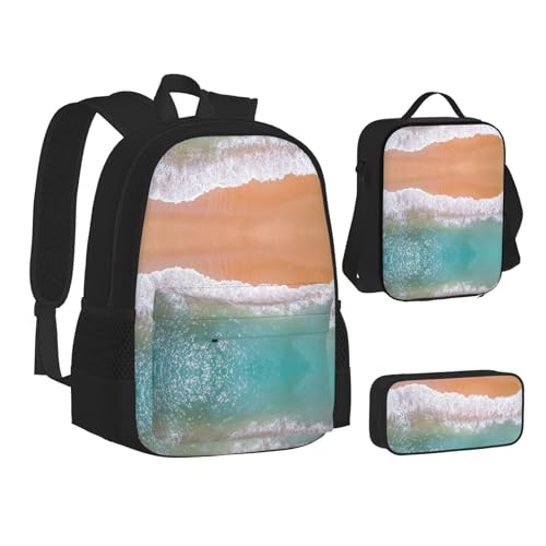 XIPEGKLD Romantischer Stranddruck Schultasche + Federmäppchen + Lunchtasche Kombination geeignet für Männer und Frauen, Schwarz , Einheitsgröße von XIPEGKLD