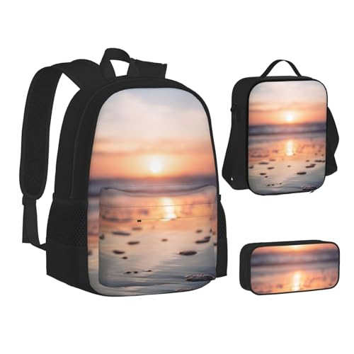 XIPEGKLD Schulranzen mit Strand- und Sonnenuntergang-Aufdruck + Federmäppchen + Lunchtaschenkombination, geeignet für Männer und Frauen, Schwarz , Einheitsgröße von XIPEGKLD