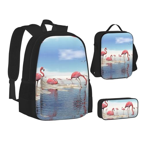 XIPEGKLD Schulranzen mit rosa Flamingos am Strand, bedruckt, Federmäppchen und Lunchtasche, geeignet für Männer und Frauen, Schwarz , Einheitsgröße von XIPEGKLD