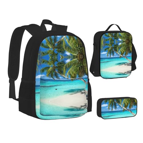 XIPEGKLD Schultasche + Federmäppchen + Lunchtasche mit Aufdruck für Sommer, Strand, Urlaub, geeignet für Männer und Frauen, Schwarz , Einheitsgröße von XIPEGKLD