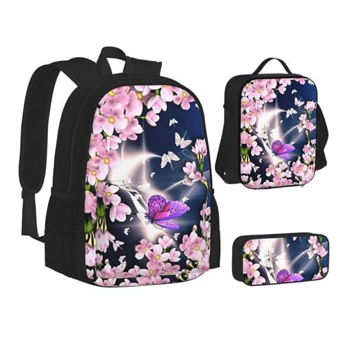 XIPEGKLD Schultasche + Federmäppchen + Lunchtasche mit Blumen und Schmetterlings-Aufdruck, geeignet für Männer und Frauen, Schwarz , Einheitsgröße von XIPEGKLD