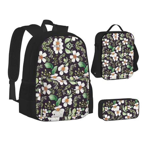 XIPEGKLD Schultasche + Federmäppchen + Lunchtasche mit Blumenblatt-Druck, geeignet für Männer und Frauen, Schwarz , Einheitsgröße von XIPEGKLD