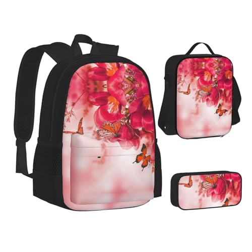 XIPEGKLD Schultasche + Federmäppchen + Lunchtasche mit Blumenmotiv bedruckt, geeignet für Männer und Frauen, Schwarz , Einheitsgröße von XIPEGKLD