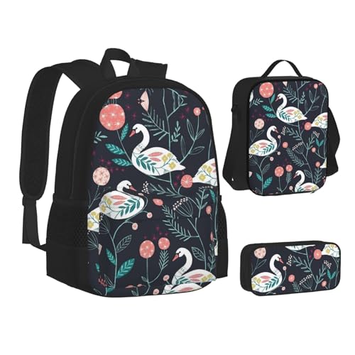 XIPEGKLD Schultasche + Federmäppchen + Lunchtasche mit Blumenmuster und Schwanen-Druck, geeignet für Männer und Frauen, Schwarz , Einheitsgröße von XIPEGKLD