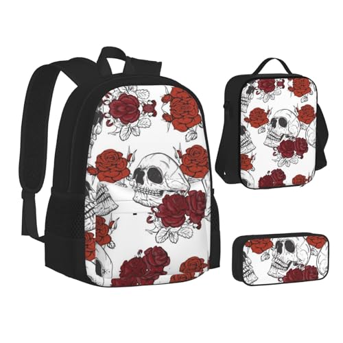 XIPEGKLD Schultasche + Federmäppchen + Lunchtasche mit Blumenmuster und Totenkopf-Aufdruck, geeignet für Männer und Frauen, Schwarz , Einheitsgröße von XIPEGKLD