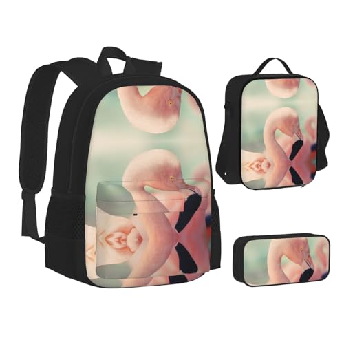 XIPEGKLD Schultasche + Federmäppchen + Lunchtasche mit Flamingo-Druck, geeignet für Männer und Frauen, Schwarz , Einheitsgröße von XIPEGKLD