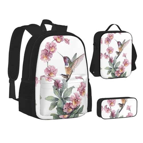 XIPEGKLD Schultasche + Federmäppchen + Lunchtasche mit Frühlingsvogel-Druck, geeignet für Männer und Frauen, Schwarz , Einheitsgröße von XIPEGKLD