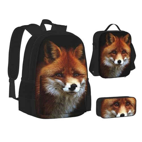 XIPEGKLD Schultasche + Federmäppchen + Lunchtasche mit Fuchs-Aufdruck, geeignet für Männer und Frauen, Schwarz , Einheitsgröße von XIPEGKLD