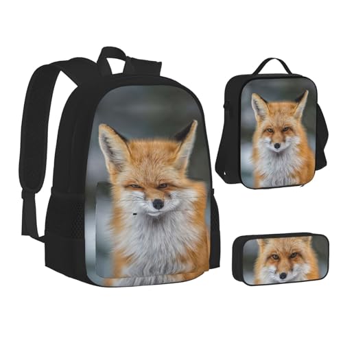 XIPEGKLD Schultasche + Federmäppchen + Lunchtasche mit Fuchs-Aufdruck, geeignet für Männer und Frauen, Schwarz , Einheitsgröße von XIPEGKLD