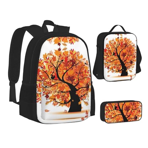 XIPEGKLD Schultasche + Federmäppchen + Lunchtasche mit Herbstbaum-Druck, geeignet für Männer und Frauen, Schwarz , Einheitsgröße von XIPEGKLD