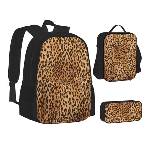 XIPEGKLD Schultasche + Federmäppchen + Lunchtasche mit Leopardenmuster, geeignet für Männer und Frauen, Schwarz , Einheitsgröße von XIPEGKLD