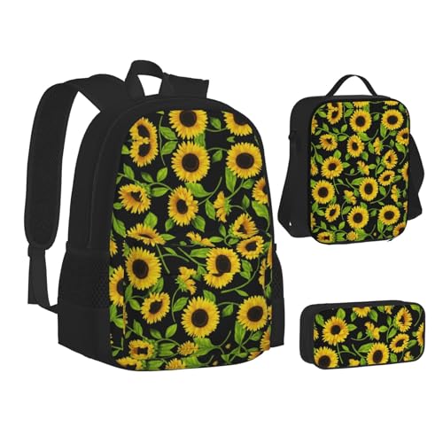 XIPEGKLD Schultasche + Federmäppchen + Lunchtasche mit Sonnenblumen-Druck, geeignet für Männer und Frauen, Schwarz , Einheitsgröße von XIPEGKLD