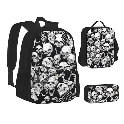 XIPEGKLD Schultasche + Federmäppchen + Lunchtasche mit Totenkopf-Hintergrund, geeignet für Männer und Frauen, Schwarz , Einheitsgröße von XIPEGKLD