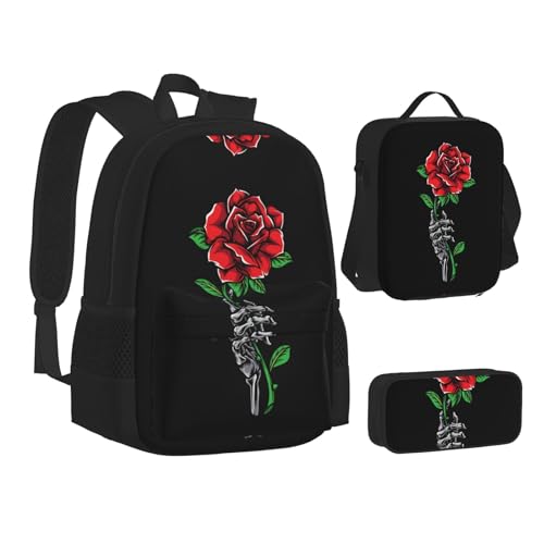 XIPEGKLD Schultasche + Federmäppchen + Lunchtasche mit Totenkopf-Motiv, geeignet für Männer und Frauen, Schwarz , Einheitsgröße von XIPEGKLD