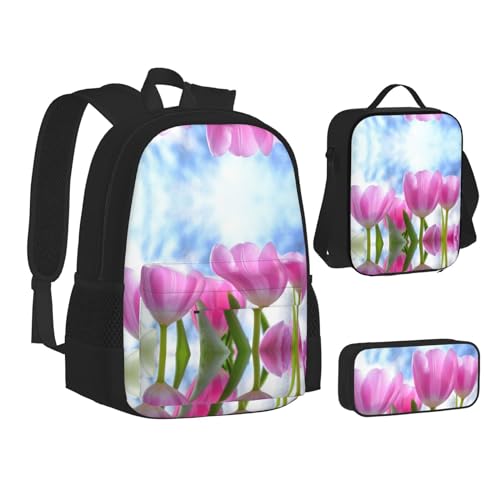 XIPEGKLD Schultasche + Federmäppchen + Lunchtasche mit Tulpenblumen-Druck, geeignet für Männer und Frauen, Schwarz , Einheitsgröße von XIPEGKLD