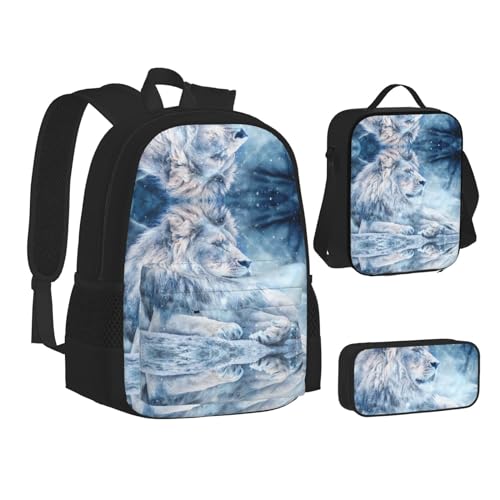 XIPEGKLD Schultasche + Federmäppchen + Lunchtasche mit blauem Löwen-Druck, geeignet für Männer und Frauen, Schwarz , Einheitsgröße von XIPEGKLD