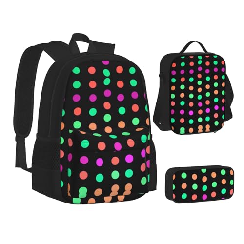 XIPEGKLD Schultasche + Federmäppchen + Lunchtasche mit mehrfarbigem Punktemuster, geeignet für Männer und Frauen, Schwarz , Einheitsgröße von XIPEGKLD