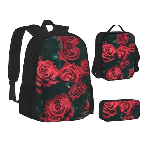 XIPEGKLD Schultasche + Federmäppchen + Lunchtasche mit rotem Rosen-Druck, geeignet für Männer und Frauen, Schwarz , Einheitsgröße von XIPEGKLD