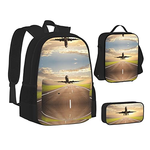 XIPEGKLD Schultasche mit Flugzeugdruck, Federmäppchen und Lunchtasche, geeignet für Männer und Frauen, Schwarz , Einheitsgröße von XIPEGKLD