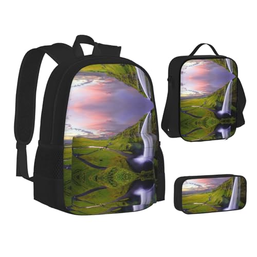 XIPEGKLD Schultasche mit Himmel und Wasserfall-Landschaft, bedruckt, Federmäppchen, Lunch-Tasche, geeignet für Männer und Frauen, Schwarz , Einheitsgröße von XIPEGKLD