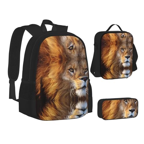 XIPEGKLD Schultasche mit Löwen-Motiv, Federmäppchen und Lunchtasche, geeignet für Männer und Frauen, Schwarz , Einheitsgröße von XIPEGKLD