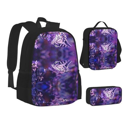 XIPEGKLD Schultasche mit Schmetterlings-Aufdruck, Federmäppchen, Lunch-Tasche, geeignet für Männer und Frauen, Schwarz , Einheitsgröße von XIPEGKLD