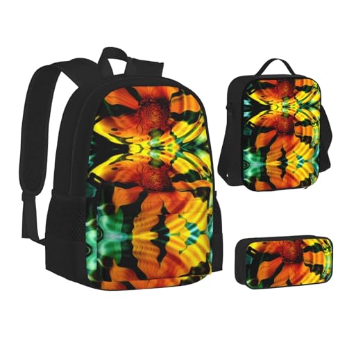 XIPEGKLD Schultasche mit Sonnenblume im Wasserdruck, Federmäppchen und Lunchtasche, geeignet für Männer und Frauen, Schwarz , One size von XIPEGKLD