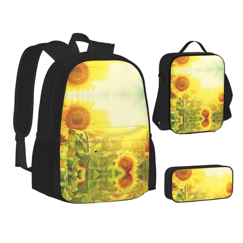 XIPEGKLD Schultasche mit Sonnenblumen-Motiv, Federmäppchen und Lunchtasche, geeignet für Männer und Frauen, Schwarz , Einheitsgröße von XIPEGKLD