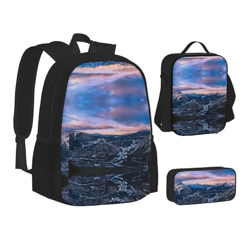 XIPEGKLD Schultasche mit Sonnenuntergang-Druck, Federmäppchen und Lunch-Tasche, geeignet für Männer und Frauen, Schwarz , Einheitsgröße von XIPEGKLD