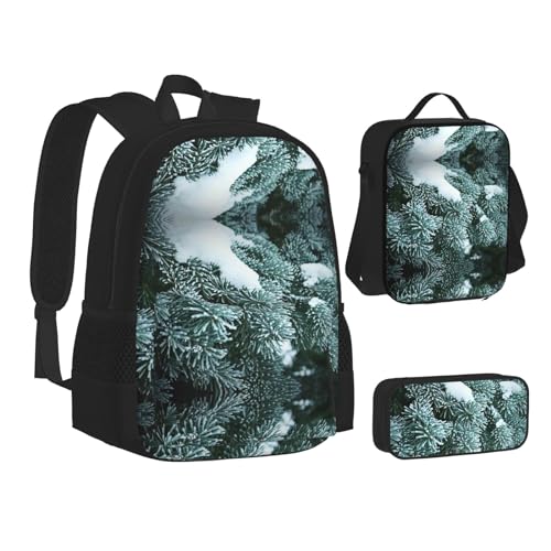 XIPEGKLD Schultasche mit Winterfrost auf Fichtenbaum-Druck, Schultasche + Federmäppchen + Lunchtaschenkombination, geeignet für Männer und Frauen, Schwarz , Einheitsgröße von XIPEGKLD