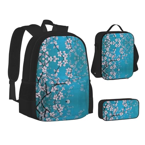 XIPEGKLD Schultasche mit japanischem Kirschblumen-Druck, Federmäppchen und Lunchtasche, geeignet für Männer und Frauen, Schwarz , Einheitsgröße von XIPEGKLD