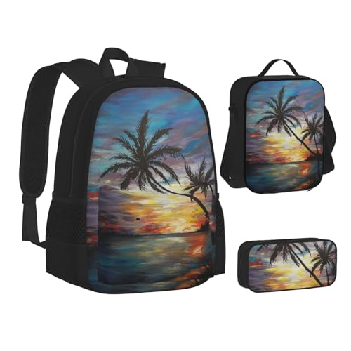 XIPEGKLD Schultasche mit tropischem Sonnenuntergang bedruckt, Federmäppchen + Lunchtaschenkombination, geeignet für Männer und Frauen, Schwarz , Einheitsgröße von XIPEGKLD