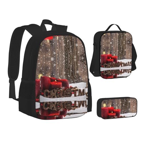 XIPEGKLD Schultasche mit weihnachtlichen roten Kerzen, Federmäppchen und Lunchtasche, geeignet für Männer und Frauen, Schwarz , Einheitsgröße von XIPEGKLD